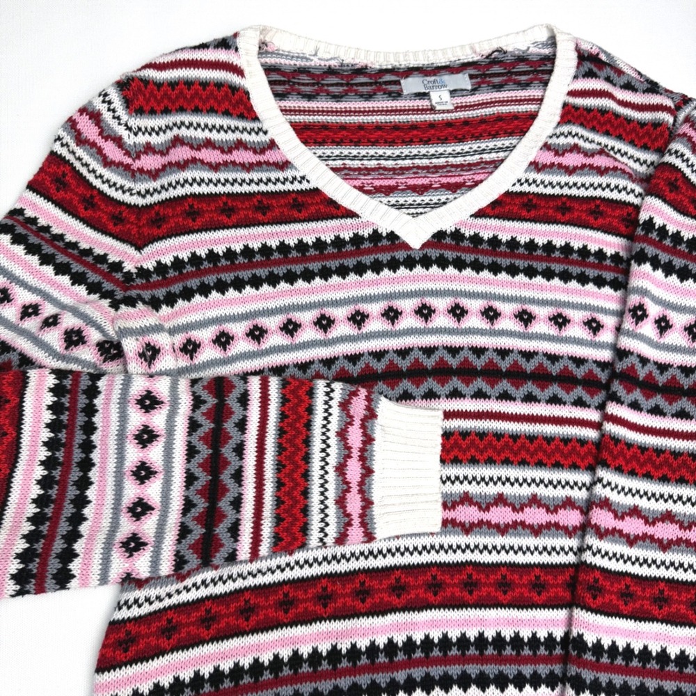 Y2K Croft & Barrow Fair‎ Isle Jumper S Pink Red Nordic Knit Cottagecore ❤️